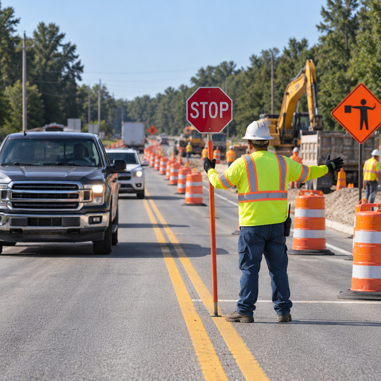 Construction worker instructing drivers with the stop sign