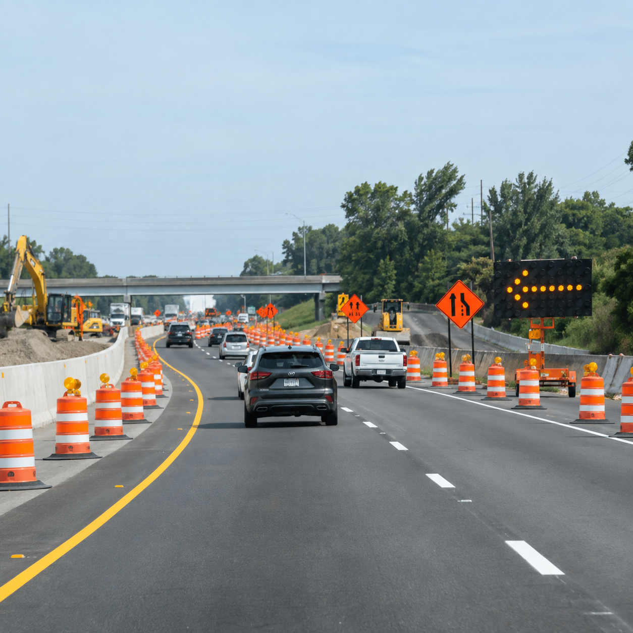 Cars on the road with the traffic guidance sign