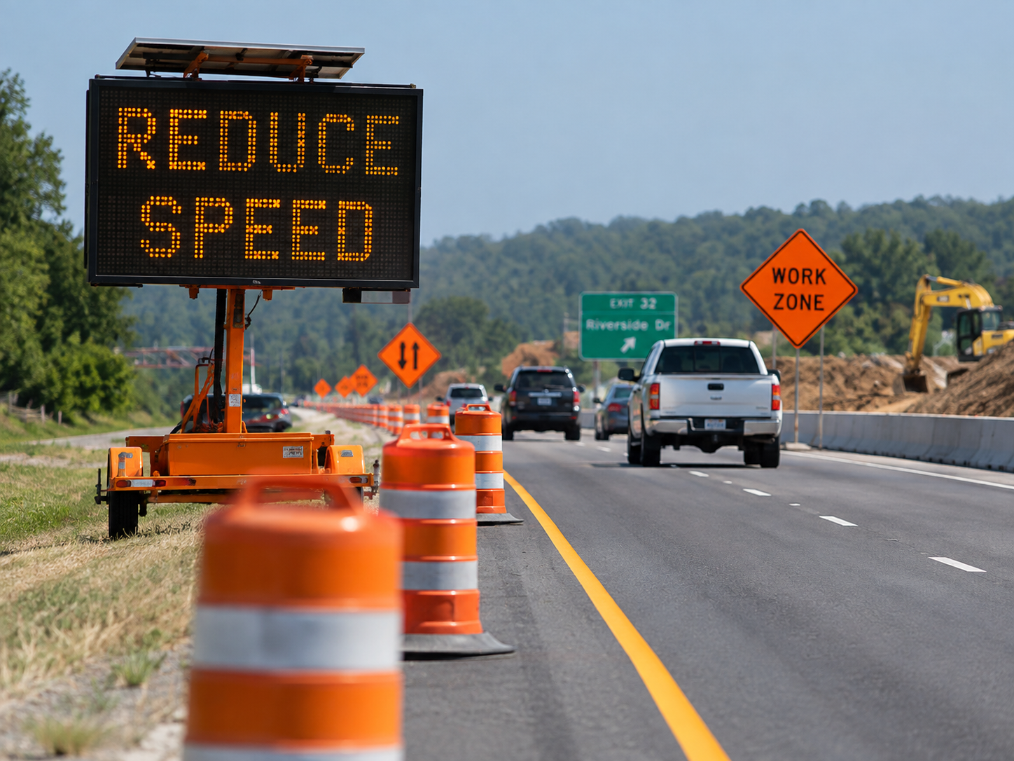 Cars on the road with the reduce speed sign