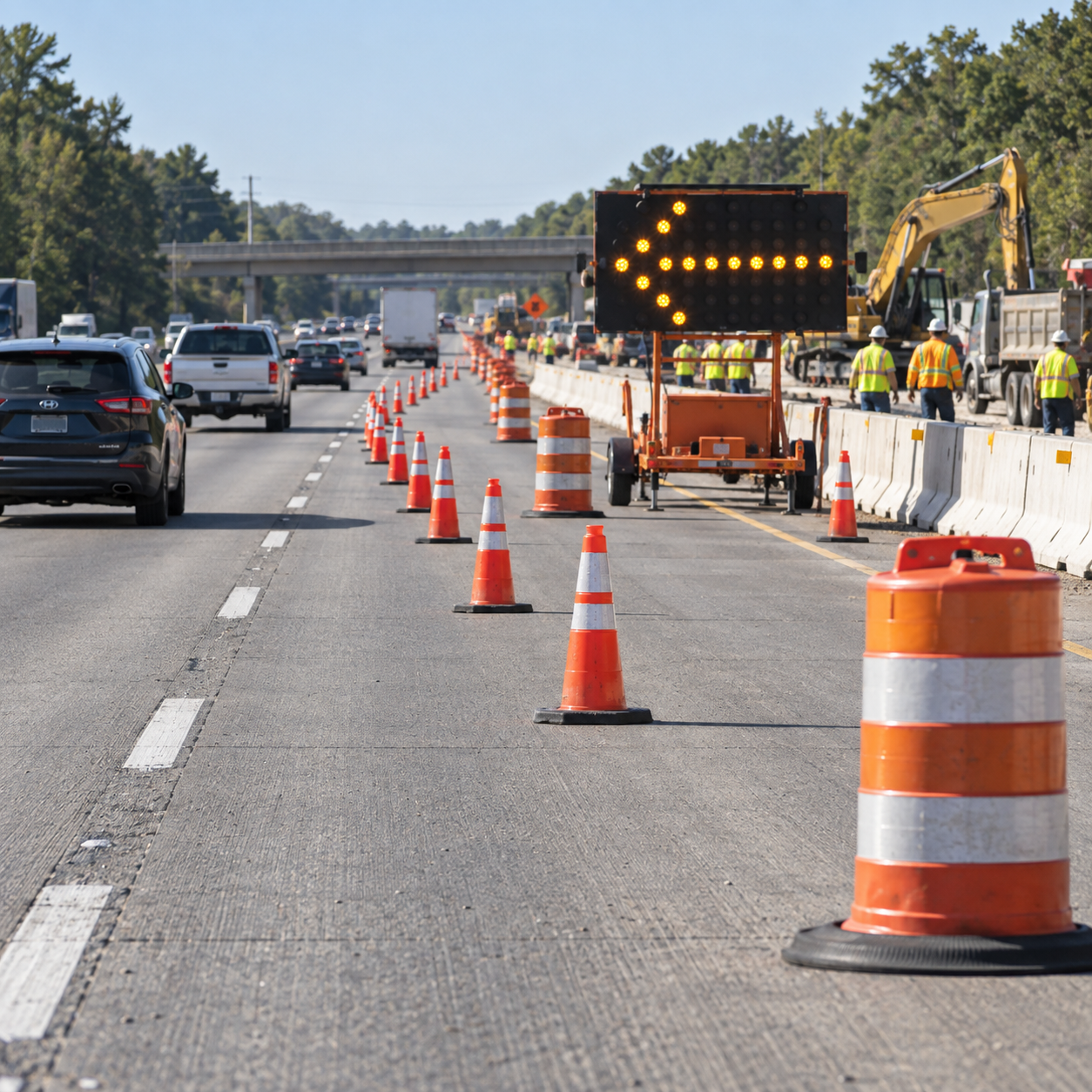 Cars on the road with the lane closed sign