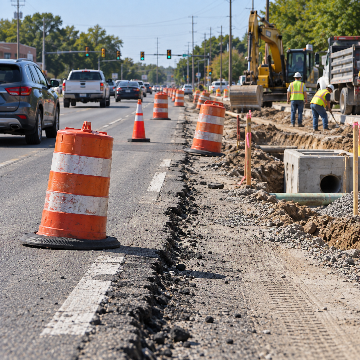 Road construction site with unsafe road conditions